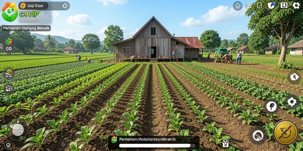 Screenshot G9VIP menunjukkan gameplay menyerasikan ladang yang subur dan beragam tanaman.