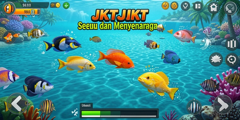 Tampilan gameplay JKTJKT yang menggembirakan saat menangkap ikan.