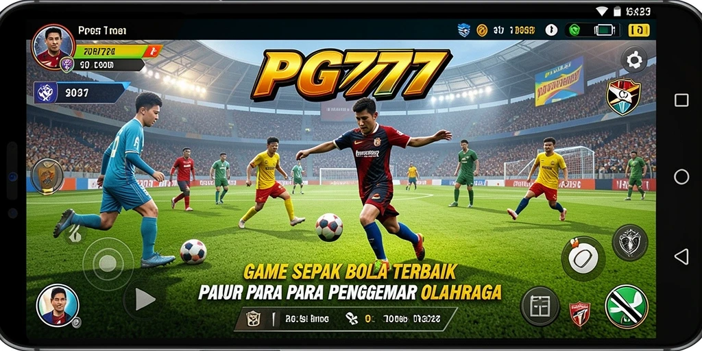 Screenshot PG777 menampilkan aksi seru di lapangan sepak bola.